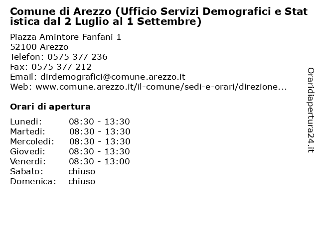 Orari di apertura Comune di Arezzo Ufficio Servizi